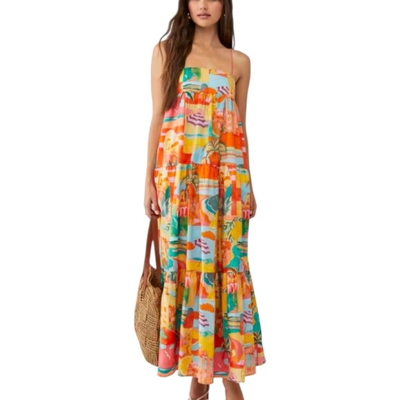 Show Me Your MuMu Multicolor Postcard Maxi Tiered Dress Sz XL - Picture 3 of 14